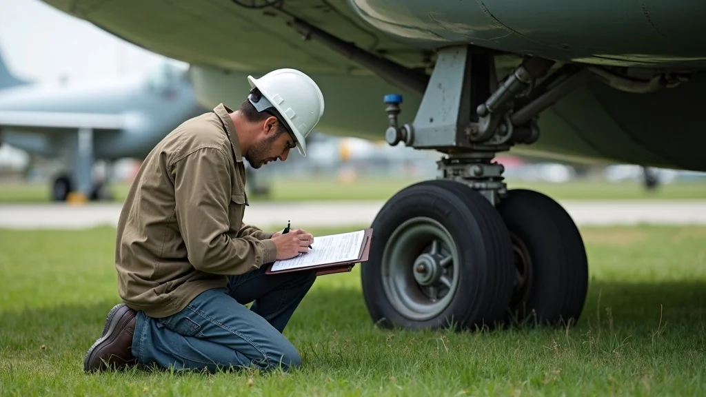 Aircraft inspector performing a corrosion checklist near landing gear, illustrating preventive maintenance in corrosion control strategies for aircraft preservation.