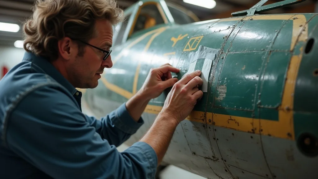 Careful masking of aircraft nose art and original markings during aircraft preservation, with skilled hands demonstrating preservation best practices in a historic restoration hangar.