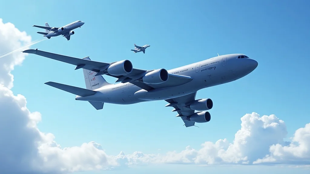 Historical Air Force KC-135 refueling jet mid-air flying boom vapor trails photorealistic bright sky