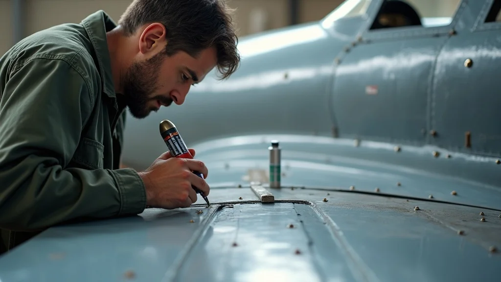 Aviation technician applying sealant to aircraft rivets and seams, demonstrating corrosion control strategies for aircraft preservation.