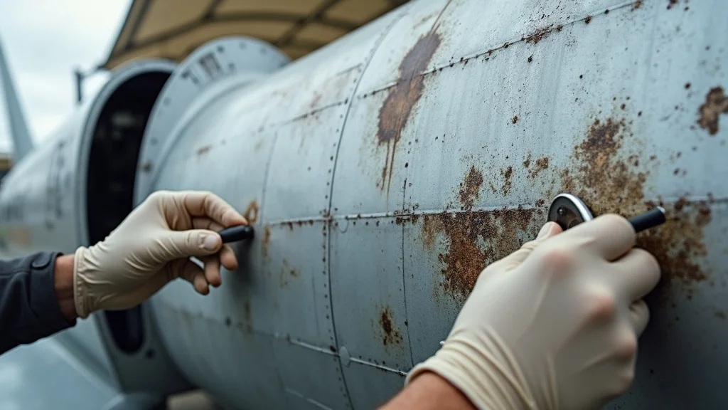 Detailed view of aircraft skin showing corrosion being carefully cleaned for aircraft preservation, highlighting protective measures and high-detail texture under diffused lighting.
