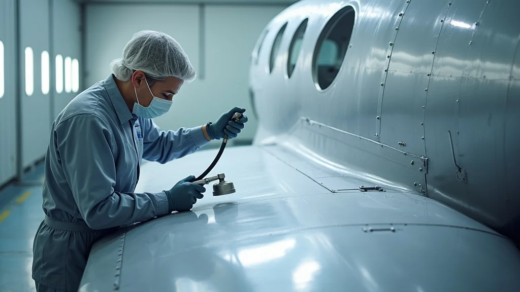 Technician applying protective coatings for aircraft corrosion control to vintage aircraft wing in a professional booth, showcasing proper corrosion prevention.