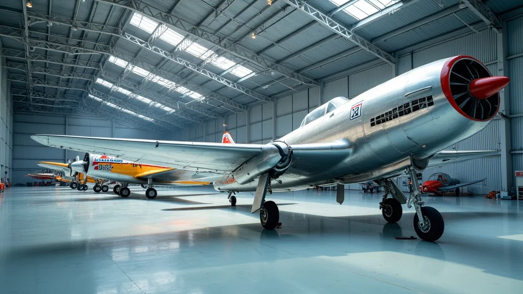 Vibrant historic aircraft in a museum hangar, professional and precise, showcasing exemplary aircraft preservation with crisp surfaces and detailed rivets under soft daylight.