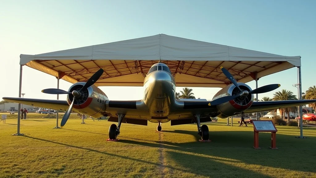 Iconic restored historic aircraft displayed outdoors with partial canopy, showing corrosion control strategies for aircraft preservation, vivid metallics, period paintwork, and museum-quality presentation.