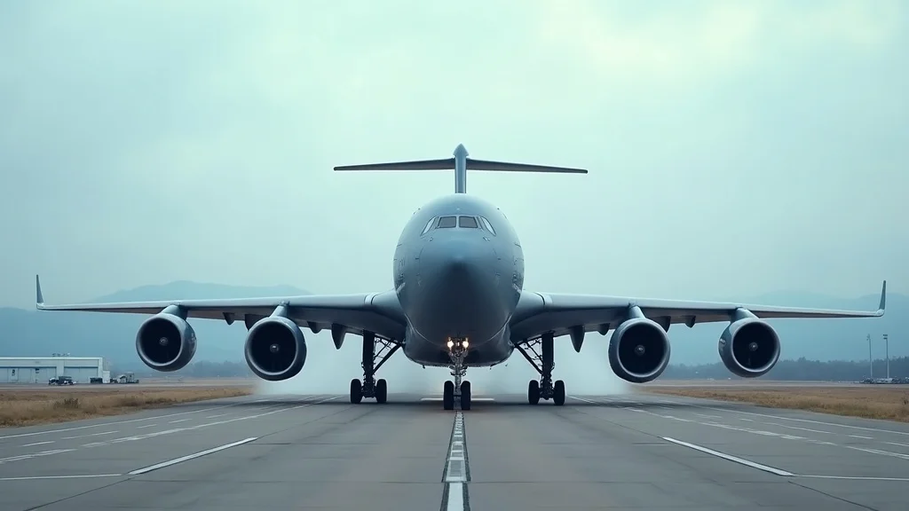 weightless wonder KC-135 aircraft on runway airbase mountains metallic vapor trails wide angle photorealistic