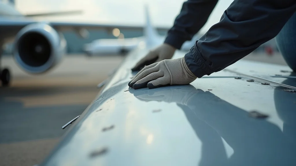 Close-up inspection of an aircraft wing surface for aircraft preservation, highlighting detailed surface assessment on aluminum alloys under bright daylight.