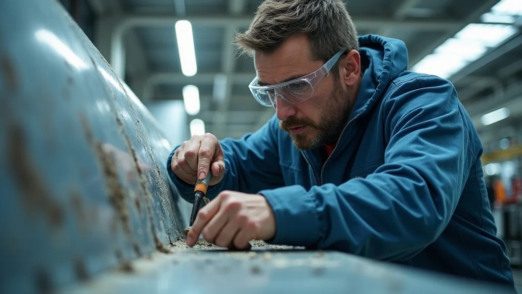 Aviation technician performing corrosion removal on aircraft panel using specialized corrosion control strategies for aircraft preservation, brightly lit hangar, focused, with tools and safety gear.