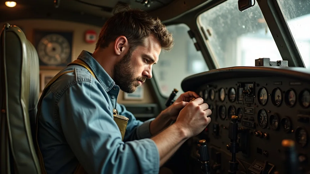 Dedicated museum volunteer restoring the cockpit interior of a historic museum aircraft