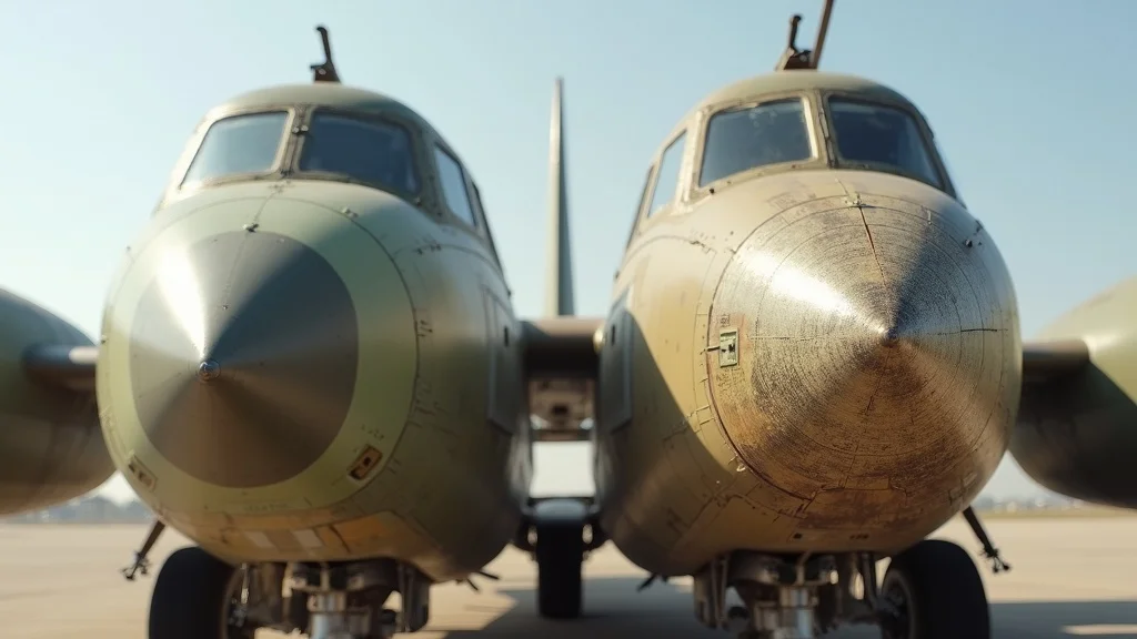 Side-by-side comparison of fresh and weathered military aircraft camouflage, illustrating color changes and fading over time