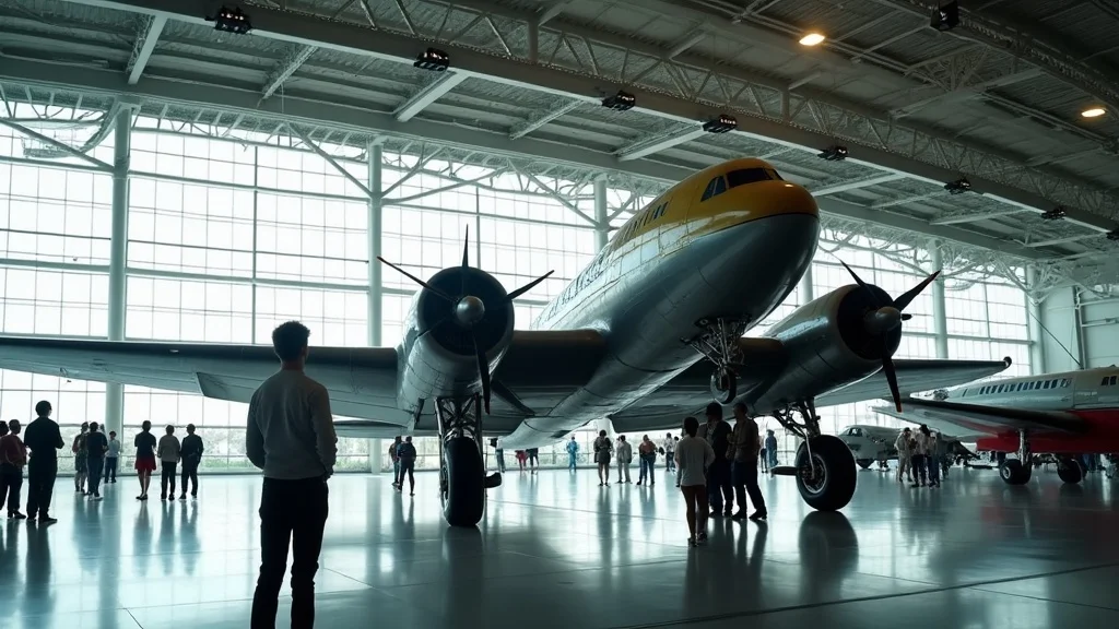 Majestic vintage museum aircraft on display with visitors in awe in a spacious hangar, highlighting museum aircraft heritage