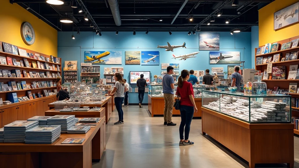 Inviting museum aircraft gift shop with visitors exploring aviation-themed memorabilia and model aircraft