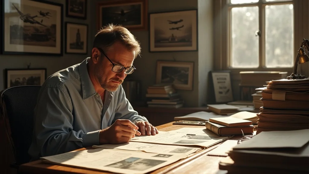 Researcher consulting historic aircraft camouflage photographs and technical archives