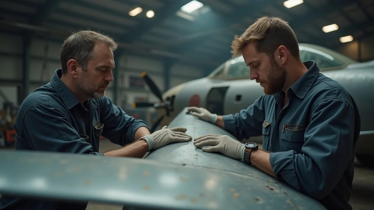 Professional museum staff inspecting a vintage military jet for preservation in a restoration workshop