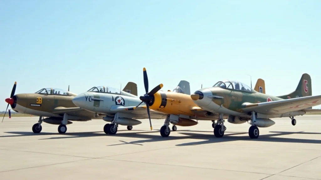 Lineup of military aircraft displaying key camouflage schemes from WWII olive drab to modern low-visibility gray finishes