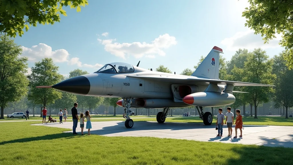 Cold War-era museum aircraft on static outdoor display with families enjoying the park