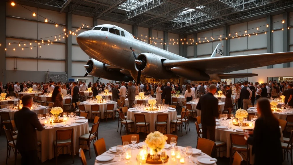 Elegant private event setup beside a classic museum aircraft, with guests enjoying the heritage hangar venue